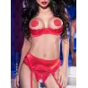 Chilirose Ensemble dentelle rouge seins nus